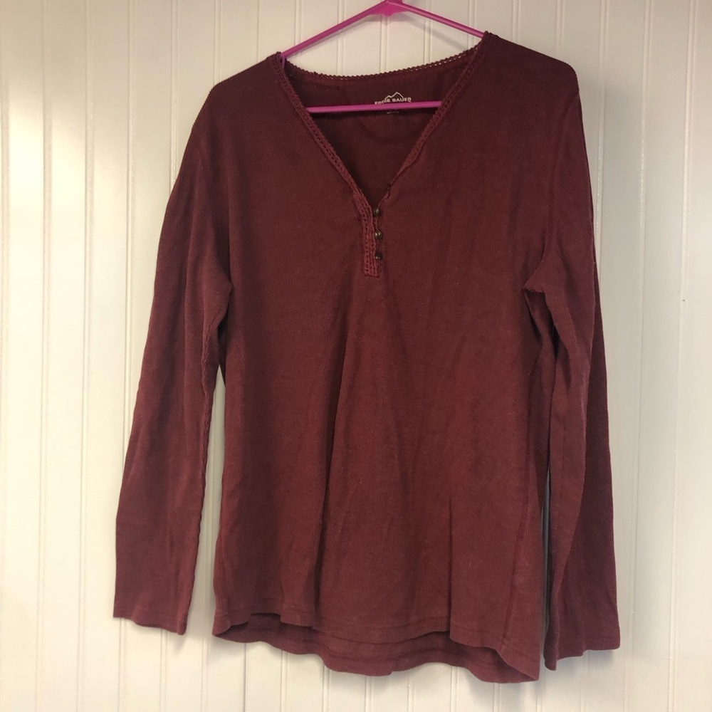 Eddie Bauer Women's Burgundy Long Sleeve Top Waffle Knit Lace Accent XXL
